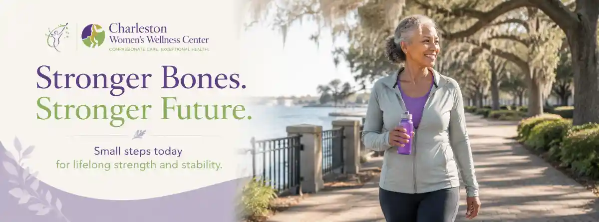 Active older woman supporting bone health with a walk in a Lowcountry park