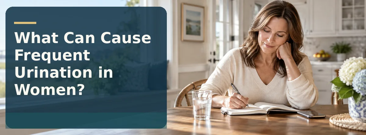 Woman keeping notes about urinary symptoms and daily habits at a table in a bright Lowcountry-style home.