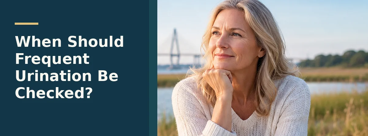 Woman considering whether persistent changes in urinary frequency should be discussed with a medical provider.