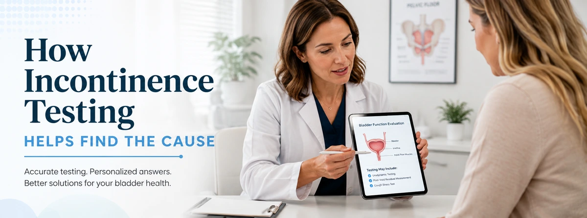 Women’s health provider explaining bladder function and incontinence evaluation to a patient