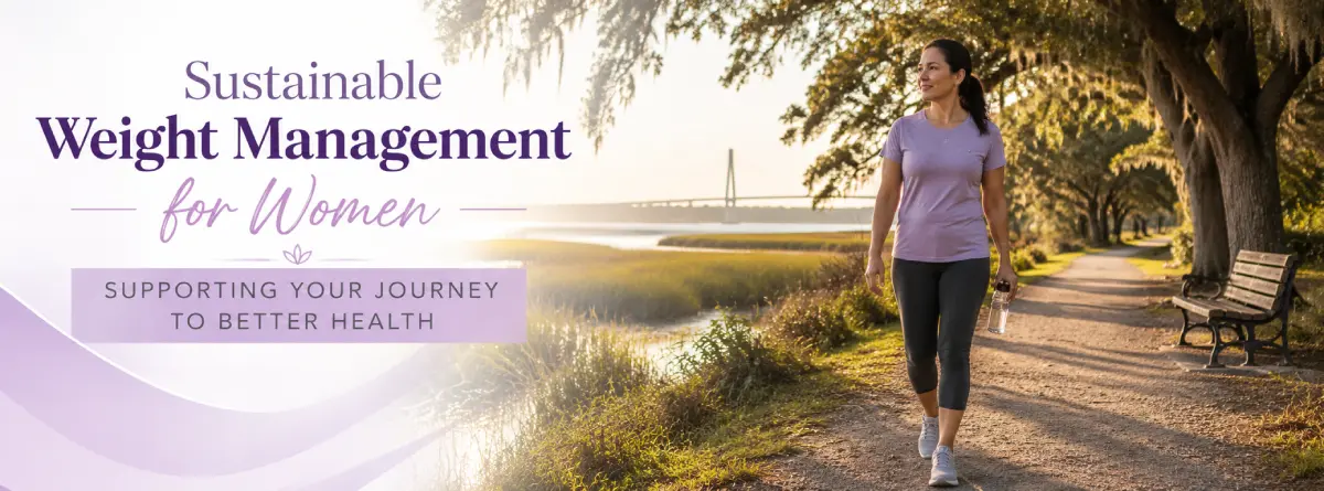 Lowcountry woman walking outdoors as part of a realistic weight management plan