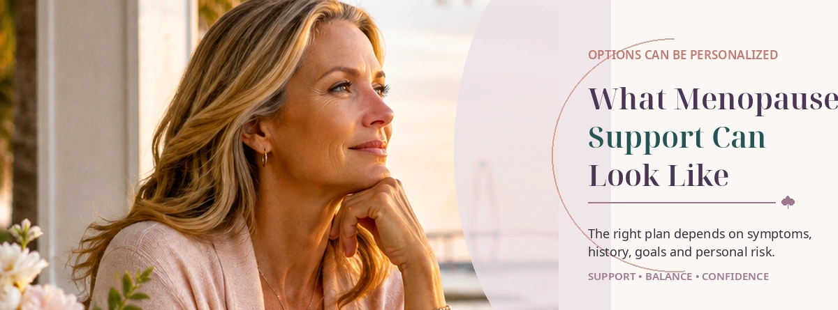Midlife woman reflecting on personalized menopause care and support in Charleston SC