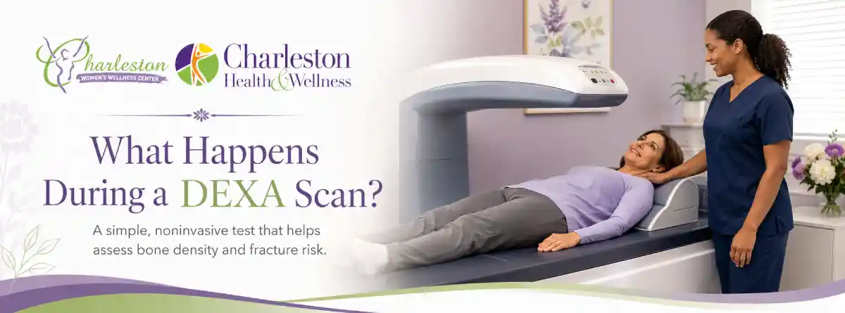 Woman preparing for a noninvasive DEXA bone density scan in a medical imaging room