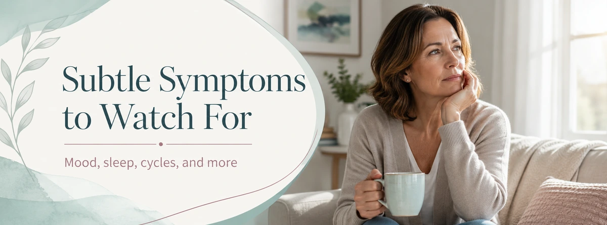 Midlife woman noticing subtle perimenopause symptoms including sleep, mood and menstrual changes