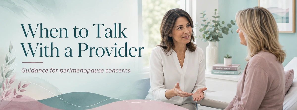 Women’s health provider discussing perimenopause concerns with a patient in a professional consultation room